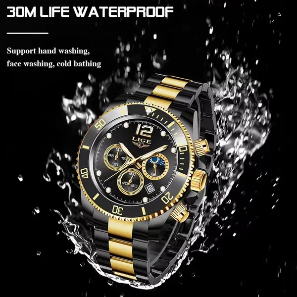 LIGE 8924 Analog Moon Phase High Quality Stainless Steel Men's Watch – Dial Color: Black, Strap Color: Black – View 3
