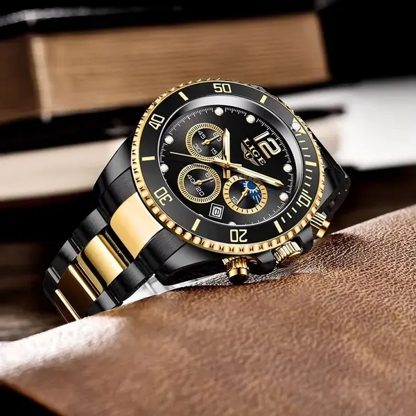 LIGE 8924 Analog Moon Phase High Quality Stainless Steel Men's Watch – Dial Color: Black, Strap Color: Black – View 4