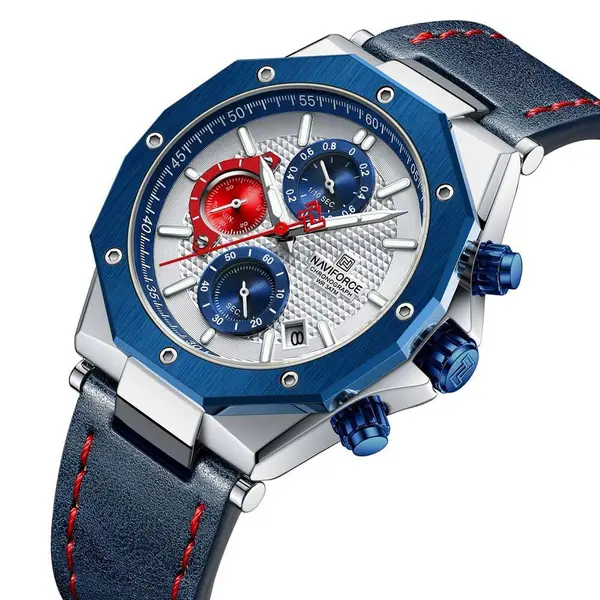 Naviforce NF8028 Luxury Genuine Leather Straps Chronograph Sports Men's Watch – Dial Color: White, Strap Color: Blue – View 2