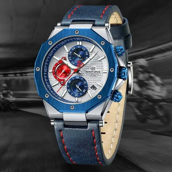 Naviforce NF8028 Luxury Genuine Leather Straps Chronograph Sports Men's Watch – Dial Color: White, Strap Color: Blue – View 3