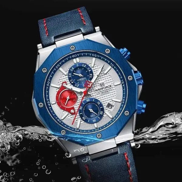 Naviforce NF8028 Luxury Genuine Leather Straps Chronograph Sports Men's Watch – Dial Color: White, Strap Color: Blue – View 4