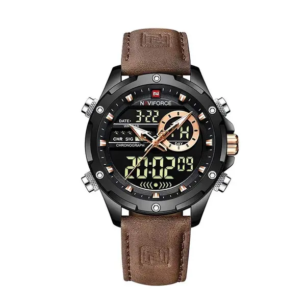 Naviforce NF9208 Genuine Leather Dual Display Luxury Fashion Men's Watch – Dial Color: Black, Strap Color:  Brown  – View 1