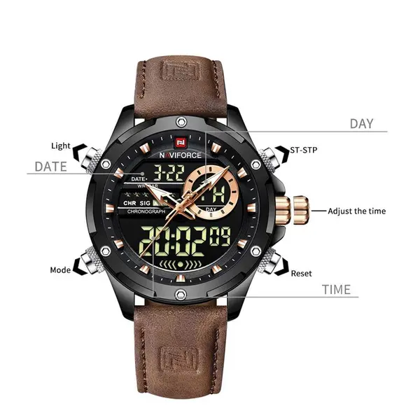 Naviforce NF9208 Genuine Leather Dual Display Luxury Fashion Men's Watch – Dial Color: Black, Strap Color:  Brown  – View 3
