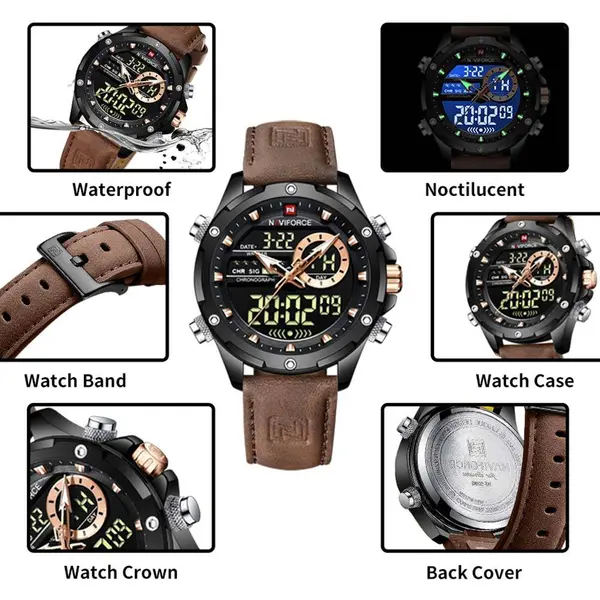 Naviforce NF9208 Genuine Leather Dual Display Luxury Fashion Men's Watch – Dial Color: Black, Strap Color:  Brown  – View 6
