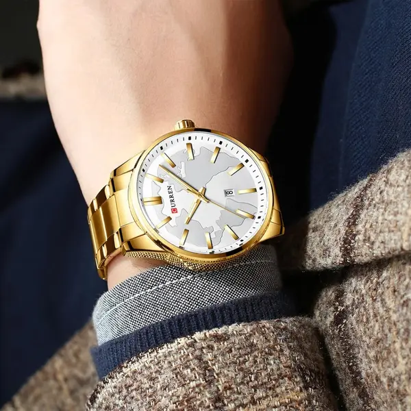  Curren 8366 Authentic Stainless Steel Analog Men's Watch  – Dial Color: White, Strap Color: Gold – View 2