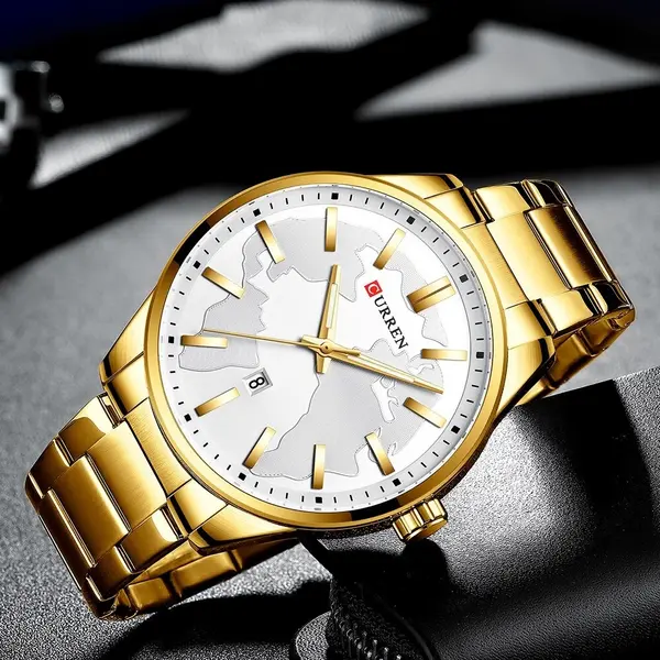  Curren 8366 Authentic Stainless Steel Analog Men's Watch  – Dial Color: White, Strap Color: Gold – View 3