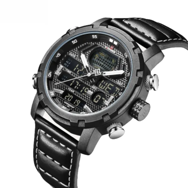 Naviforce NF9160 PU Leather Dual Time Men’s Wrist Watch – Dial Color: Grey, Strap Color: Black – View 2