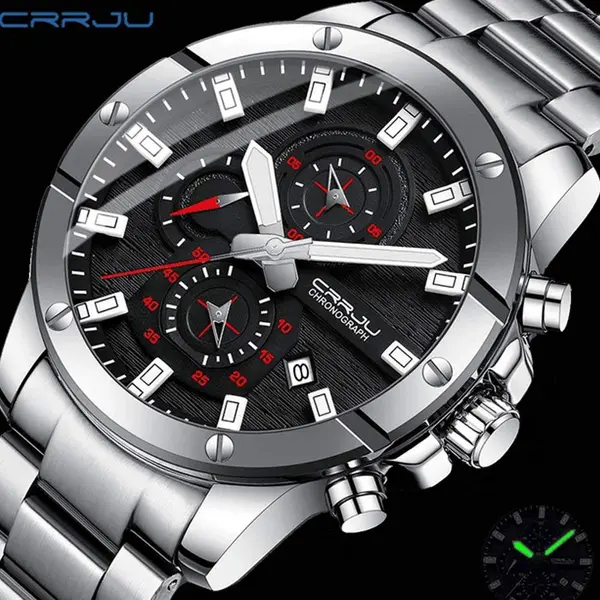 CRRJU 2296 High Quality Stainless Steel Multifunctional Analog Quartz Classic Men's Watch – Dial Color: Red, Strap Color: Black – View 2