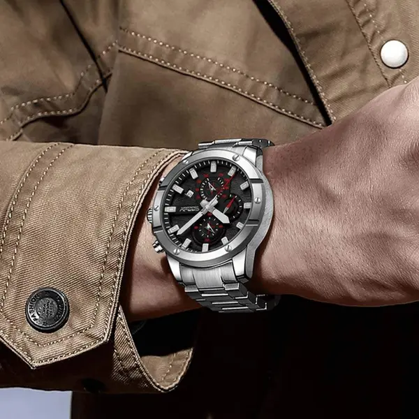 CRRJU 2296 High Quality Stainless Steel Multifunctional Analog Quartz Classic Men's Watch – Dial Color: Red, Strap Color: Black – View 4