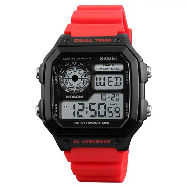 SKMEI 1299 Digital Multifunctional Silicone Strap Sporty Men's Watch – Dial Color: Black, Strap Color: Red – View 1