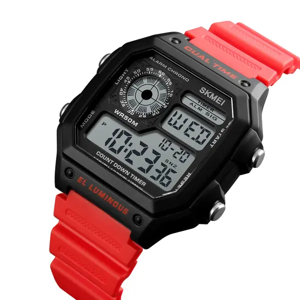 SKMEI 1299 Digital Multifunctional Silicone Strap Sporty Men's Watch – Dial Color: Black, Strap Color: Red – View 3