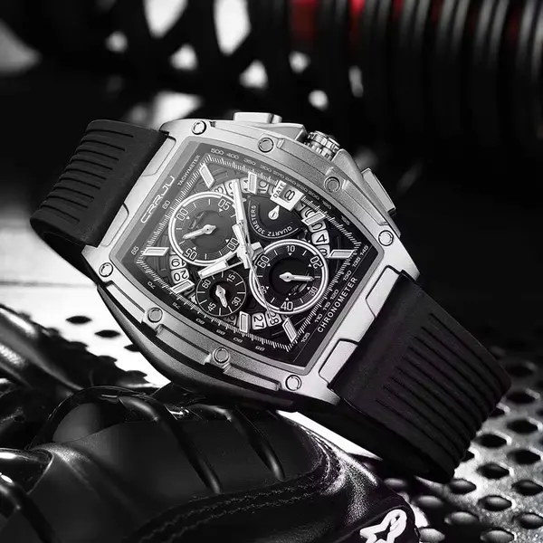 CRRJU 2317 Authentic Soft Silicone Strap Multifunctional Chronograph Sports Men's Watch – Dial Color: Silver, Strap Color: Black – View 2