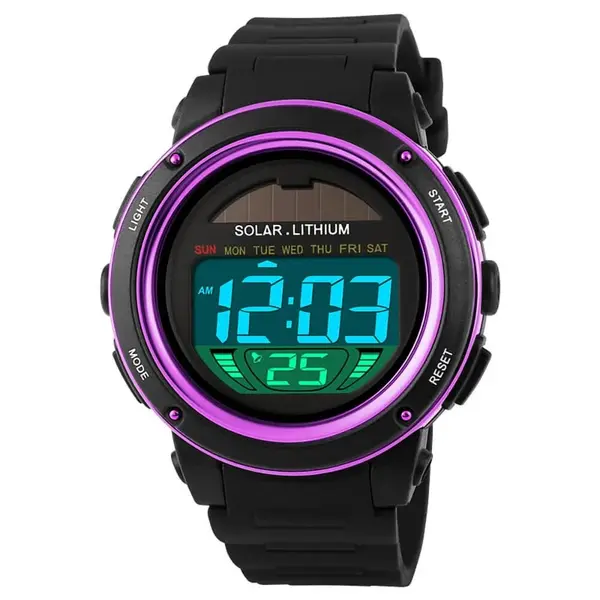 SKMEI 1096 Solar Powered Digital Sporty PU Leather Men's Watch – Dial Color: Black, Strap Color: Pink – View 1