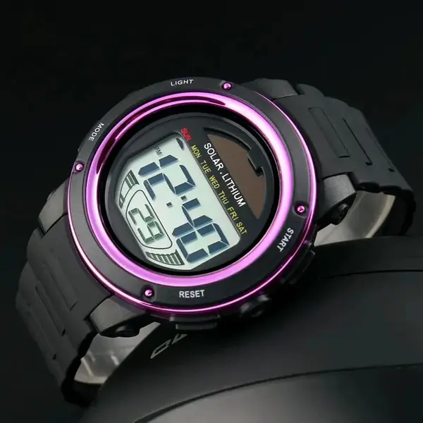 SKMEI 1096 Solar Powered Digital Sporty PU Leather Men's Watch – Dial Color: Black, Strap Color: Pink – View 2
