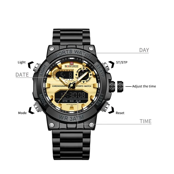 Naviforce 9237 Luxury Stainless Steel Strap Analog Digital Sports Men's Watch – Dial Color: Gold, Strap Color: Black – View 2