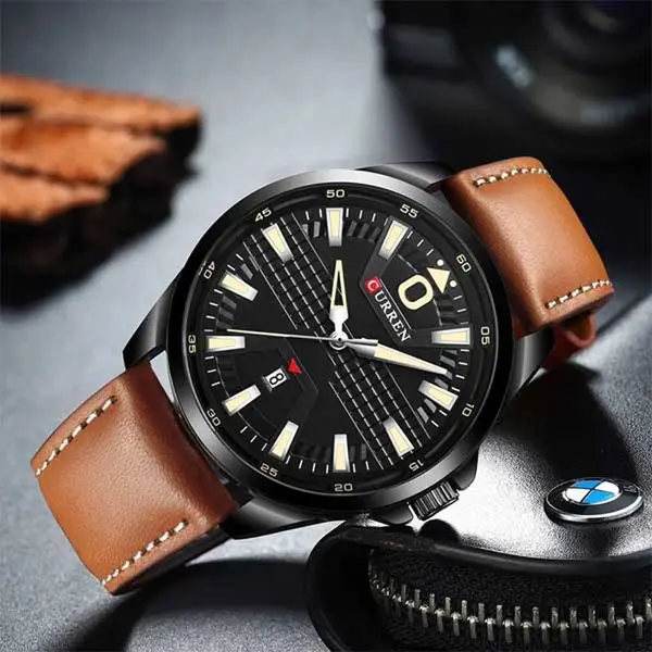  Curren 8379 Genuine Leather Strap Quartz Comfortable Men's Watch  – Dial Color: Black, Strap Color:  Brown  – View 2