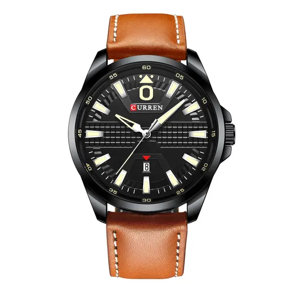  Curren 8379 Genuine Leather Strap Quartz Comfortable Men's Watch  – Dial Color: Black, Strap Color:  Brown  – View 1