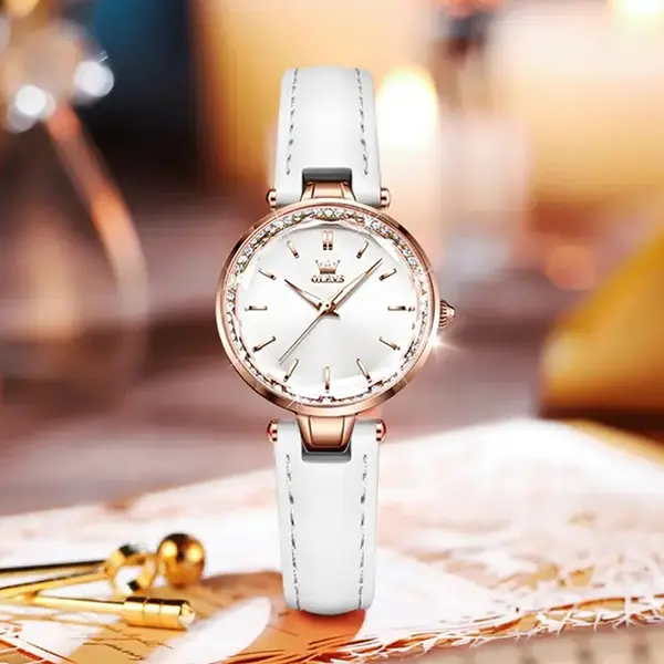 Olevs 6645 Diamond Studded Rose Gold Dial Leather Strap Waterproof Quartz Analog Women's Watch – Dial Color: White, Strap Color: White – View 2