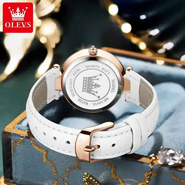 Olevs 6645 Diamond Studded Rose Gold Dial Leather Strap Waterproof Quartz Analog Women's Watch – Dial Color: White, Strap Color: White – View 5