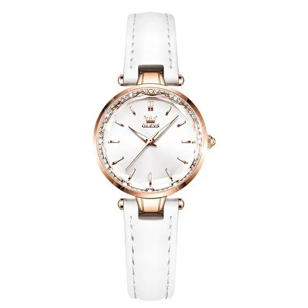 Olevs 6645 Diamond Studded Rose Gold Dial Leather Strap Waterproof Quartz Analog Women's Watch – Dial Color: White, Strap Color: White – View 1