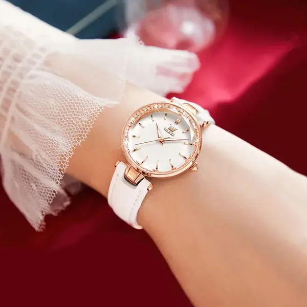 Olevs 6645 Diamond Studded Rose Gold Dial Leather Strap Waterproof Quartz Analog Women's Watch – Dial Color: White, Strap Color: White – View 3