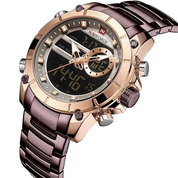 Naviforce NF9163 Stainless Steel Dual Movement Military Sport Men's Watch – Dial Color: Rose Gold, Strap Color: Maroon – View 2