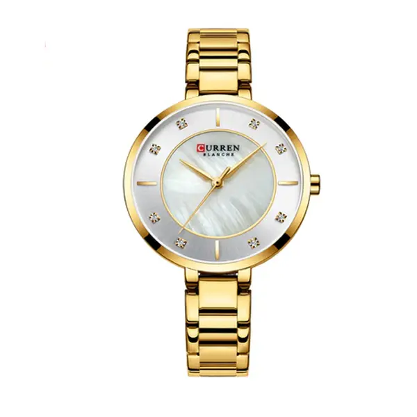 Curren 9051 Stainless Steel Waterproof Watch For Women – Dial Color: White, Strap Color: Gold – View 1