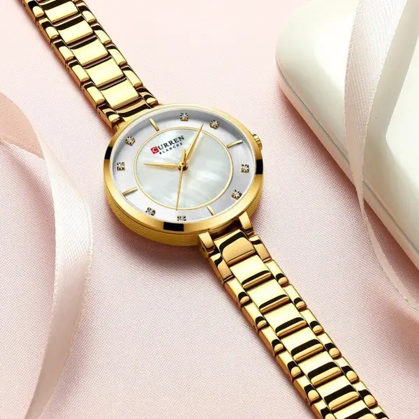 Curren 9051 Stainless Steel Waterproof Watch For Women – Dial Color: White, Strap Color: Gold – View 2