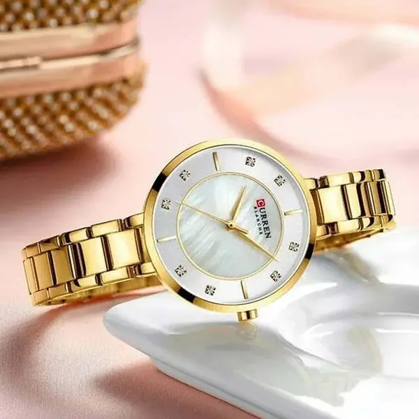 Curren 9051 Stainless Steel Waterproof Watch For Women – Dial Color: White, Strap Color: Gold – View 3