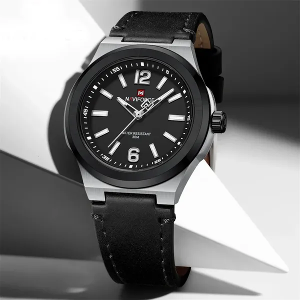 NAVIFORCE NF9233 Genuine Leather Strap Quartz Comfortable Men's Watch – Dial Color: Black, Strap Color: Black – View 2