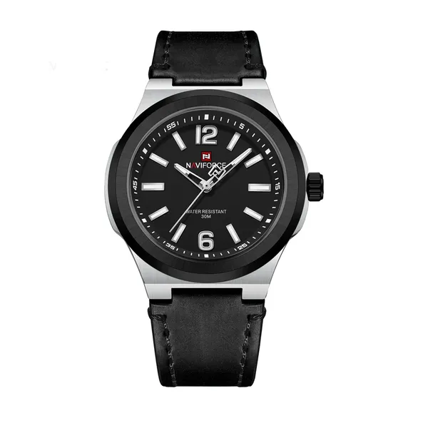 NAVIFORCE NF9233 Genuine Leather Strap Quartz Comfortable Men's Watch – Dial Color: Black, Strap Color: Black – View 1