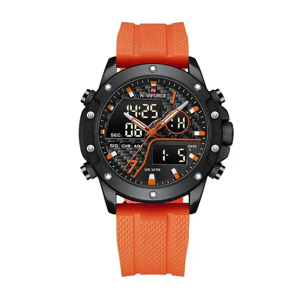 Naviforce NF9221 Lavish Silicon Rubber  Dual Time Quartz  Classic Men's Watch – Dial Color: Black, Strap Color: Orange – View 1
