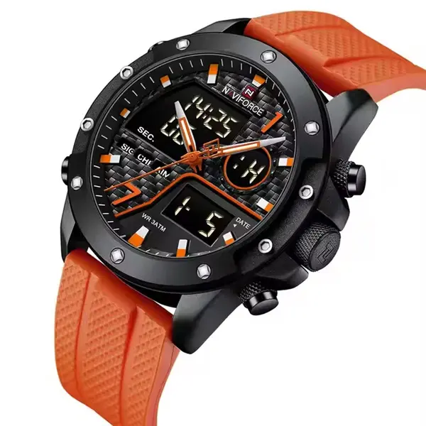 Naviforce NF9221 Lavish Silicon Rubber  Dual Time Quartz  Classic Men's Watch – Dial Color: Black, Strap Color: Orange – View 3