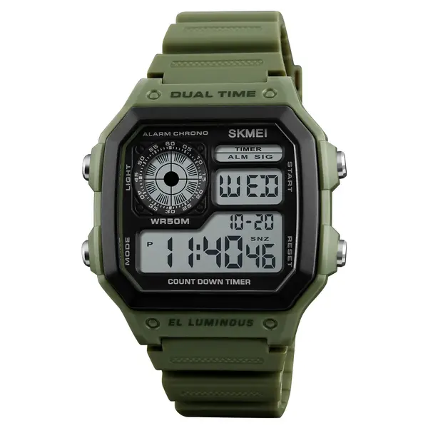 SKMEI 1299 Digital Multifunctional Silicone Strap Sporty Men's Watch – Dial Color: Black, Strap Color: Green  – View 1