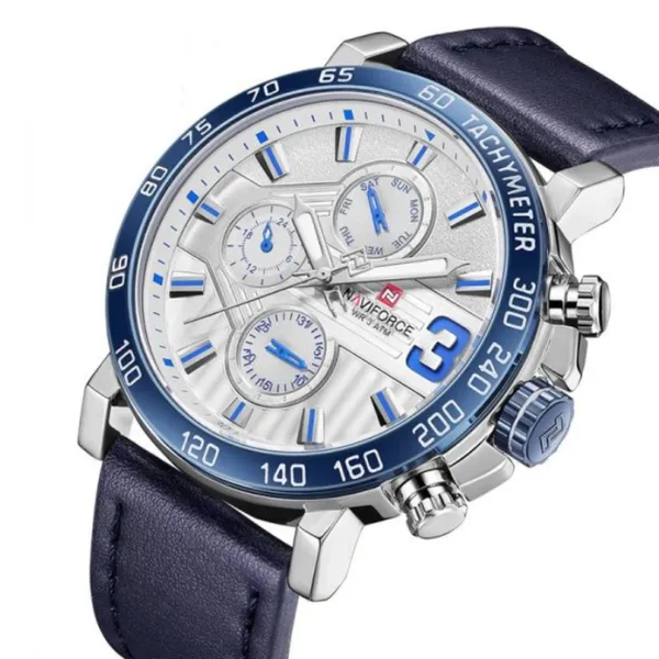 NAVIFORCE 9137 Sports Leather Wrist Strap Analog Quartz Men’s Watch – Dial Color: Silver, Strap Color: Blue – View 2