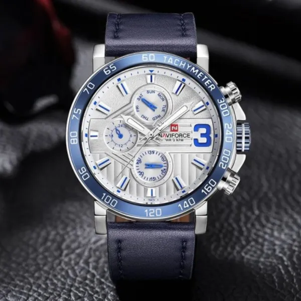 NAVIFORCE 9137 Sports Leather Wrist Strap Analog Quartz Men’s Watch – Dial Color: Silver, Strap Color: Blue – View 3