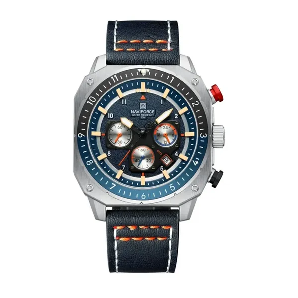 Naviforce 8057 High Quality Genuine Leather Straps Chronograph Men's Watch – Dial Color: Blue, Strap Color: Blue – View 1