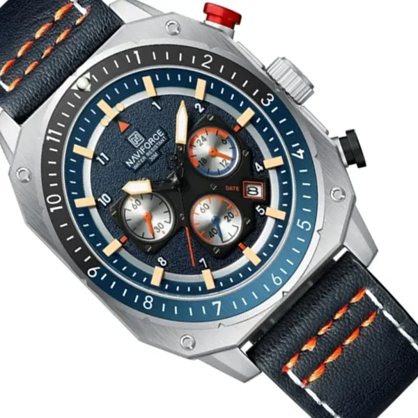 Naviforce 8057 High Quality Genuine Leather Straps Chronograph Men's Watch – Dial Color: Blue, Strap Color: Blue – View 2