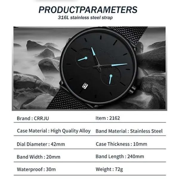 CRRJU 2162 Ultrathin Mesh Stainless Steel Band Business Fashion Men’s Watch – Dial Color: Black, Strap Color: Blue – View 4