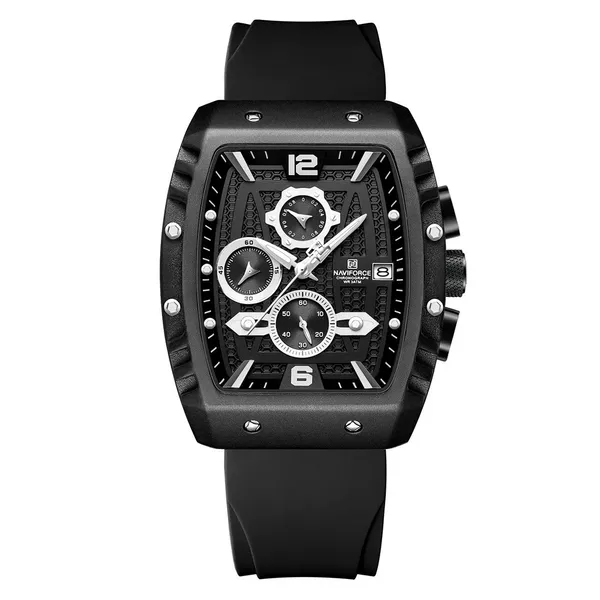 Naviforce NF8025 Quartz Silicone Chronograph Sports Men's Watch – Dial Color: Silver, Strap Color: Black – View 1