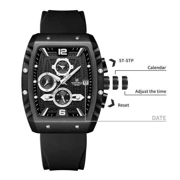 Naviforce NF8025 Quartz Silicone Chronograph Sports Men's Watch – Dial Color: Silver, Strap Color: Black – View 3