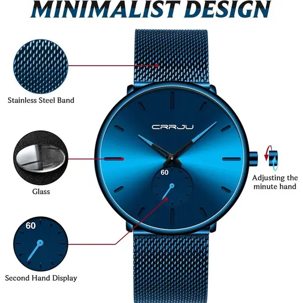 CRRJU 2150 Luxury Stainless Steel Slim Mesh Band Casual Men’s Watch – Dial Color: Blue, Strap Color: Blue – View 3