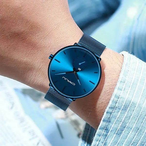 CRRJU 2150 Luxury Stainless Steel Slim Mesh Band Casual Men’s Watch – Dial Color: Blue, Strap Color: Blue – View 4