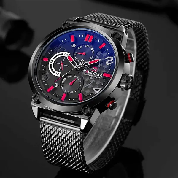 NAVIFORCE NF9068 Comfortable Mesh Stainless Steel Fashion Men's Watch – Dial Color: Red, Strap Color: Black – View 2