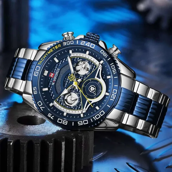 NAVIFORCE NF9185 Stainless Steel Chronograph Men's Watch – Dial Color: Blue, Strap Color: Silver – View 4