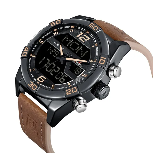 NAVIFORCE NF9128 Dual Display PU Leather Men's Watch – Dial Color: Black, Strap Color:  Brown  – View 2