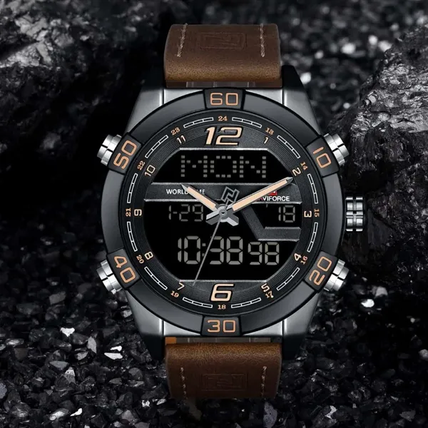 NAVIFORCE NF9128 Dual Display PU Leather Men's Watch – Dial Color: Black, Strap Color:  Brown  – View 4