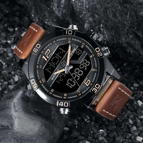 NAVIFORCE NF9128 Dual Display PU Leather Men's Watch – Dial Color: Black, Strap Color:  Brown  – View 5