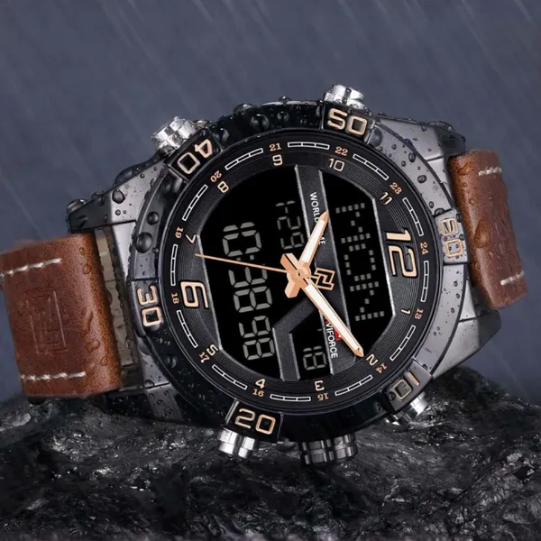 NAVIFORCE NF9128 Dual Display PU Leather Men's Watch – Dial Color: Black, Strap Color:  Brown  – View 6