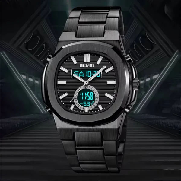 Skmei 2279 Dual Time Stainless Steel Digital Men's Watch – Dial Color: Black, Strap Color: Black – View 3